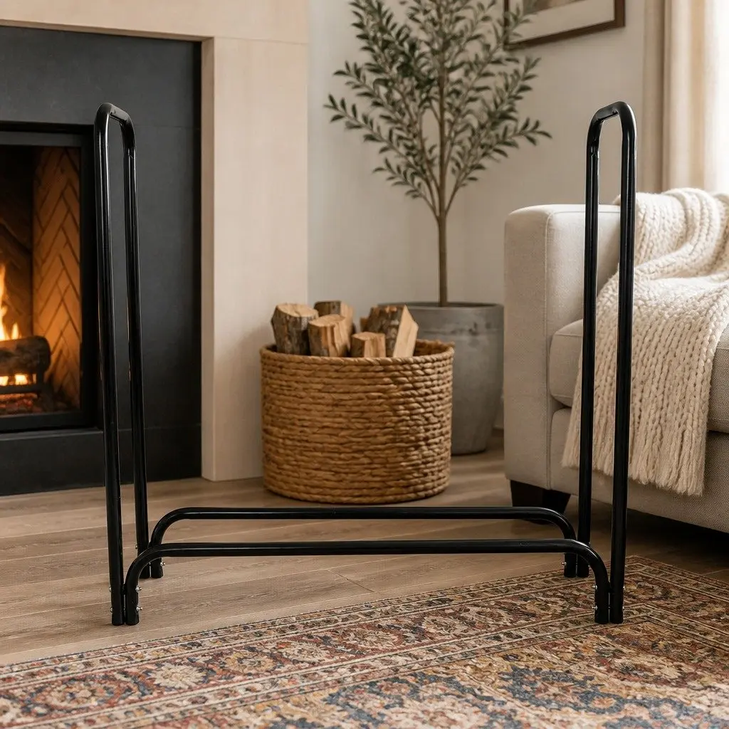 Firewood Rack Holder Black 4FT Heavy Duty Steel Log Storage Indoor Outdoor