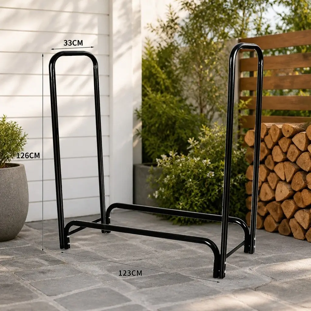 Firewood Rack Holder Black 4FT Heavy Duty Steel Log Storage Indoor Outdoor