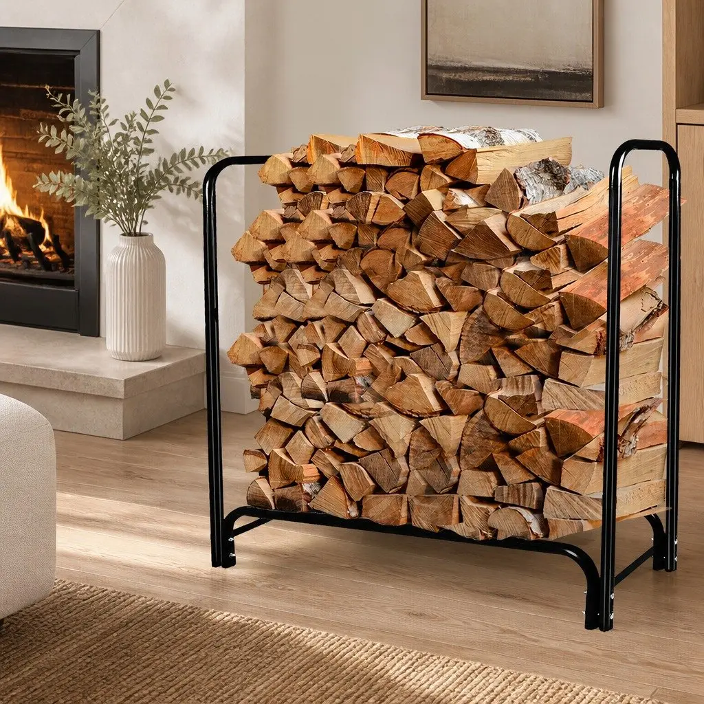 Firewood Rack Holder Black 4FT Heavy Duty Steel Log Storage Indoor Outdoor