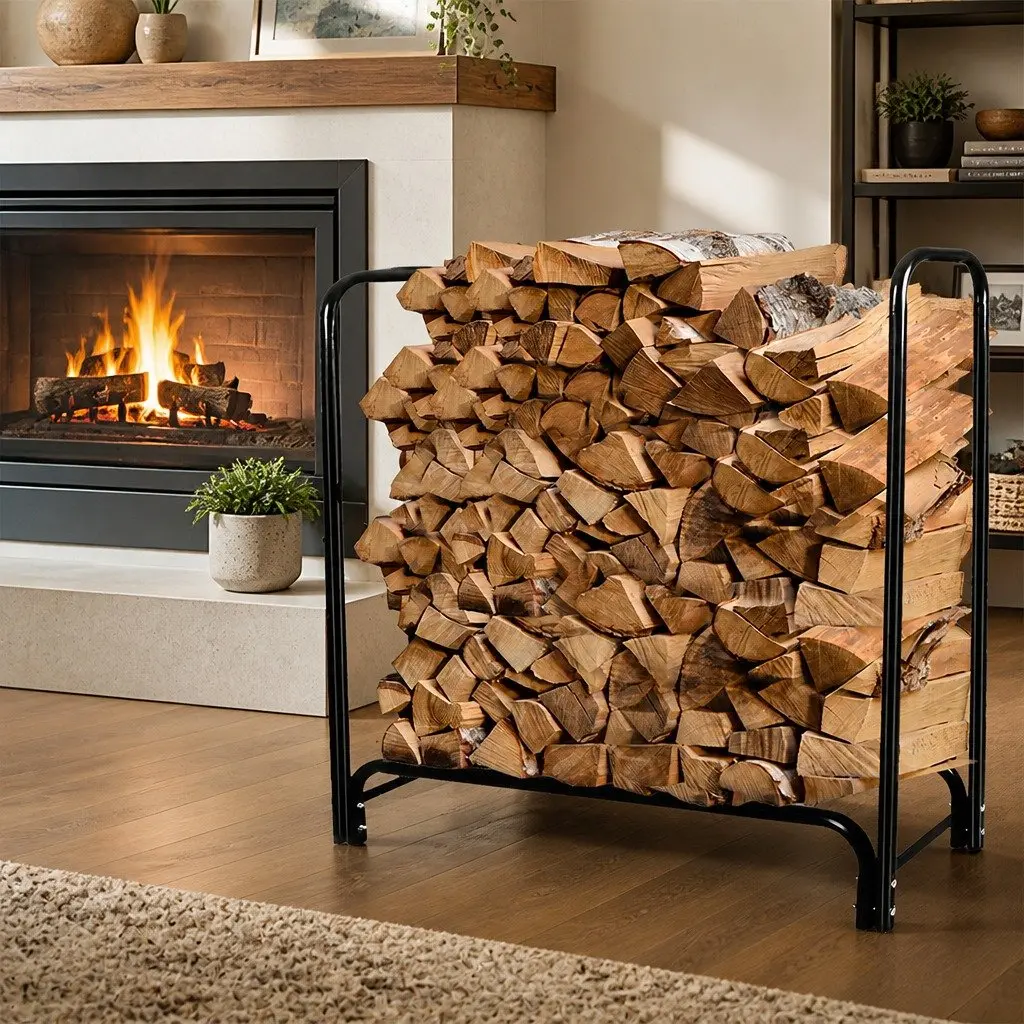 Firewood Rack Holder Black 4FT Heavy Duty Steel Log Storage Indoor Outdoor