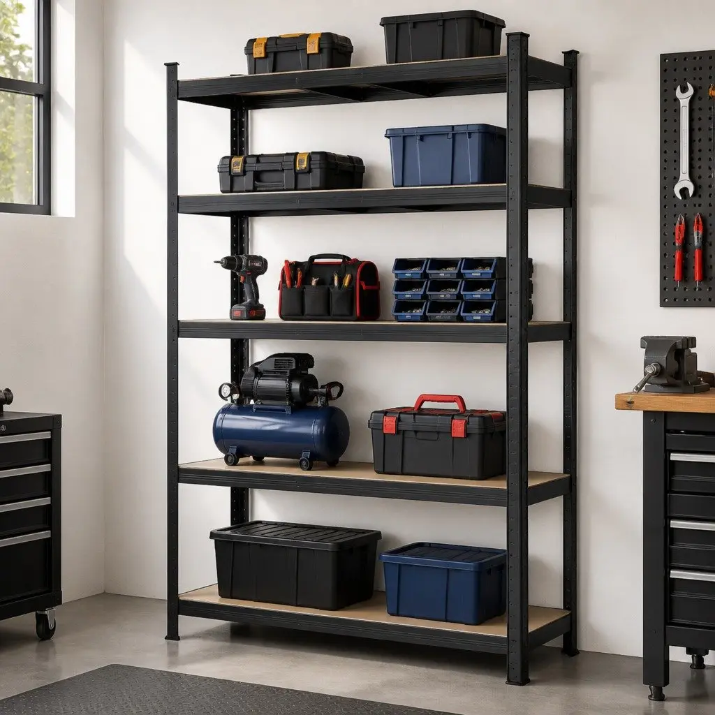 5-Tier Storage Shelving Unit Black Adjustable Shelves Powder-Coated Galvanised Steel Frame
