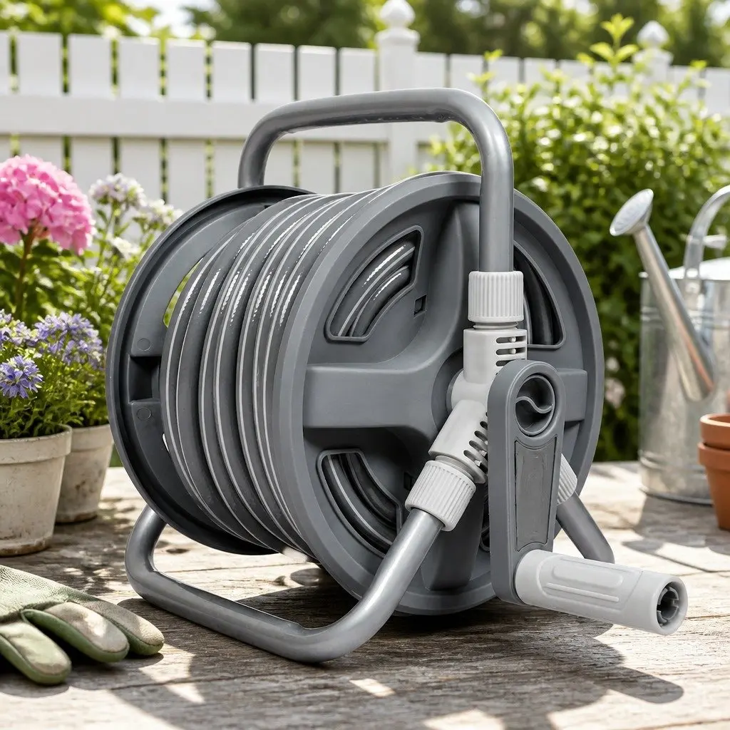 Portable Garden Hose Reel Grey 1/2 Inch 20M Retractable with Adjustable Nozzle and Flexible Joystick Control