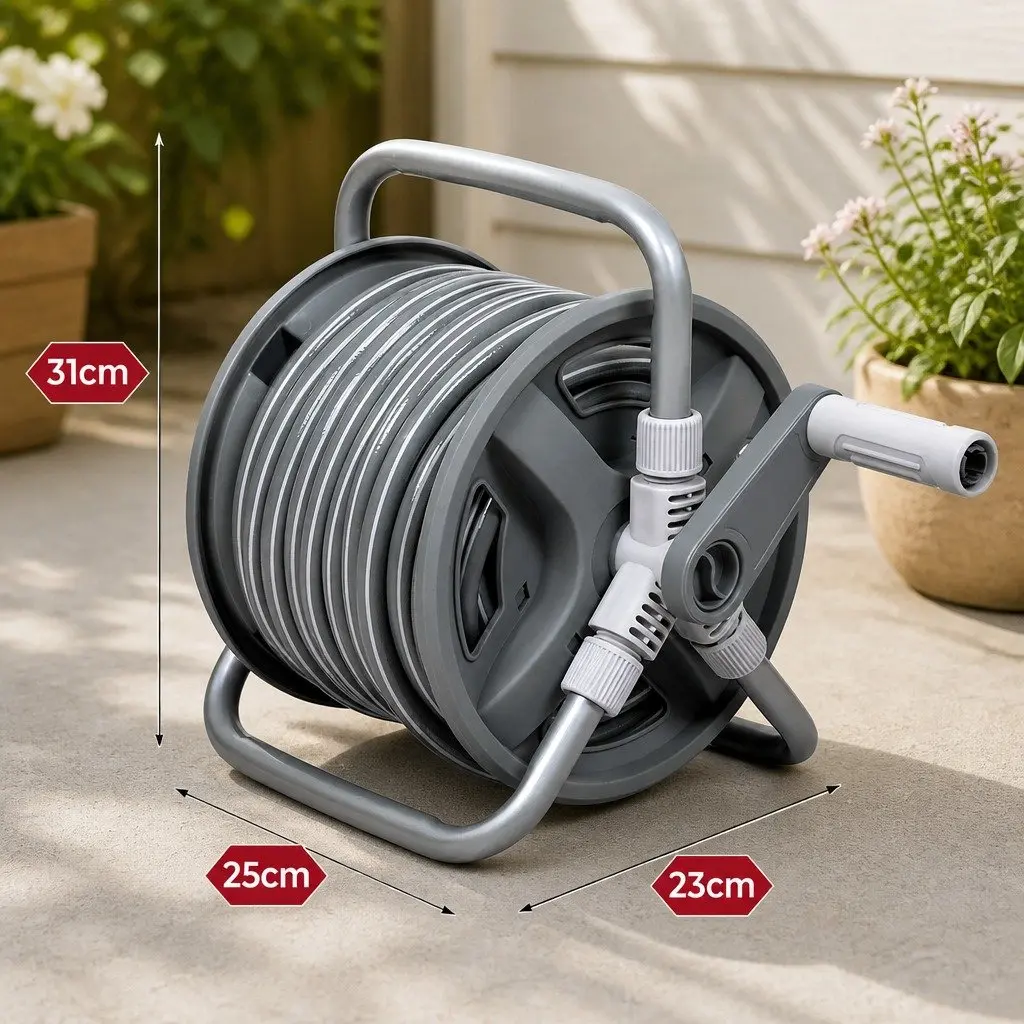 Portable Garden Hose Reel Grey 1/2 Inch 20M Retractable with Adjustable Nozzle and Flexible Joystick Control