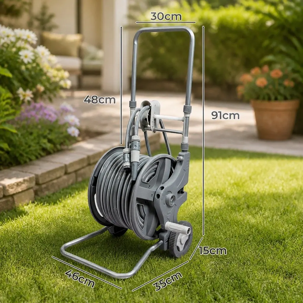 Portable Garden Hose Reel Grey 1/2" 45M Retractable Holder with Pressure Washer Gun and Adjustable Nozzle