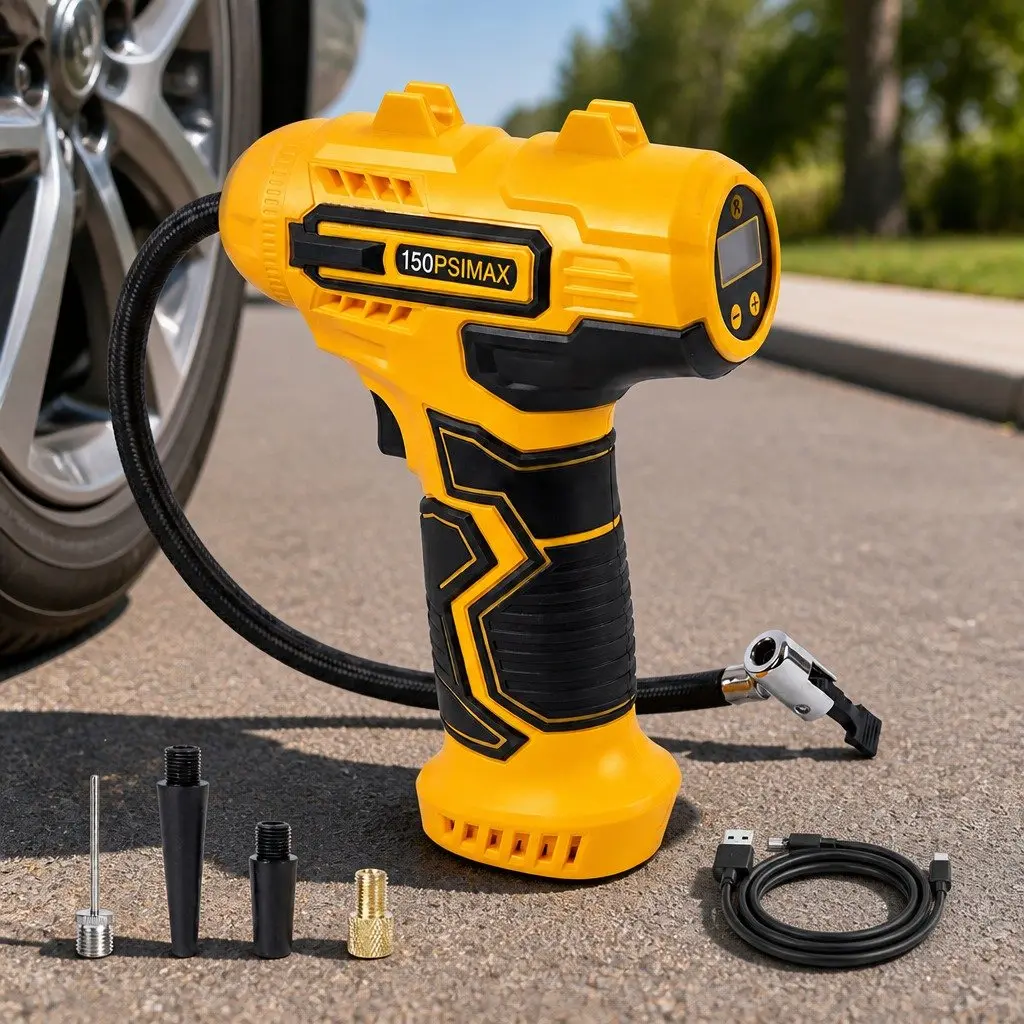 Cordless Tyre Inflator Yellow Handheld Digital LCD Portable Rapid Inflation