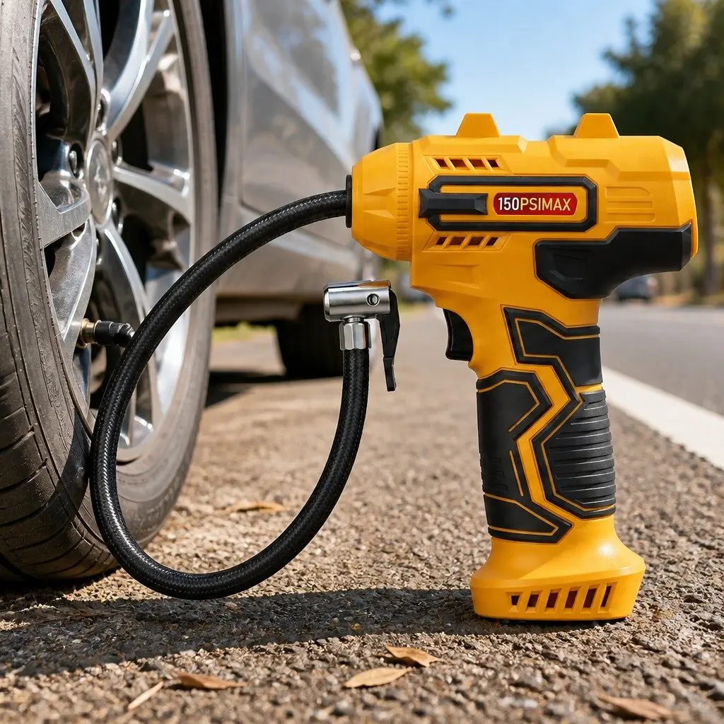 Cordless Tyre Inflator Yellow Handheld Digital LCD Portable Rapid Inflation