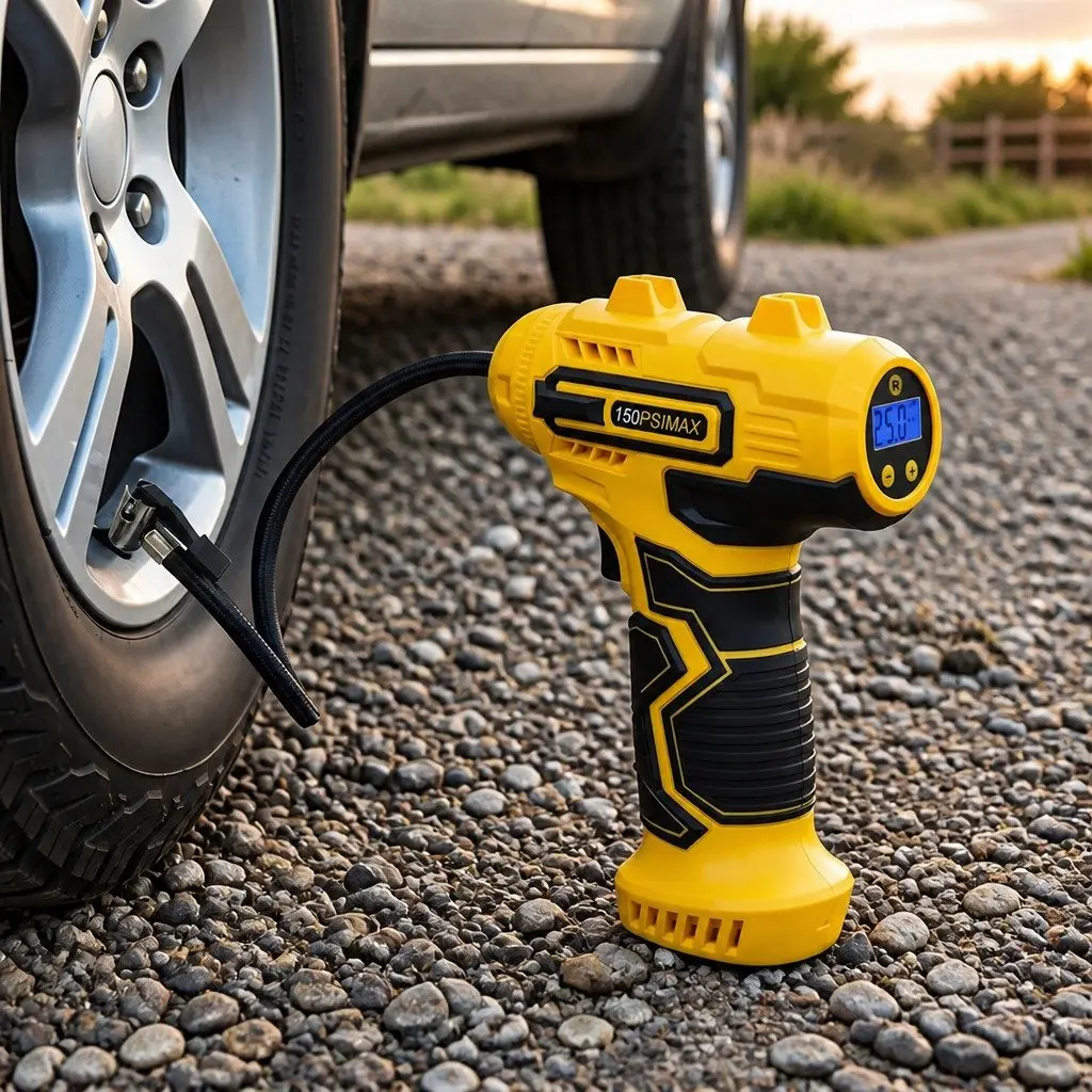Cordless Tyre Inflator Yellow Handheld Digital LCD Portable Rapid Inflation