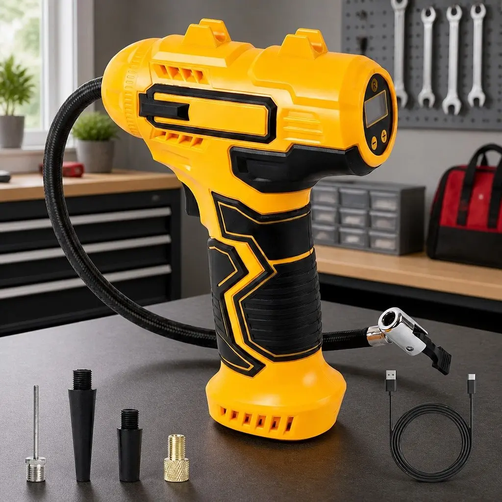 Cordless Tyre Inflator Yellow Handheld Digital LCD Portable Rapid Inflation