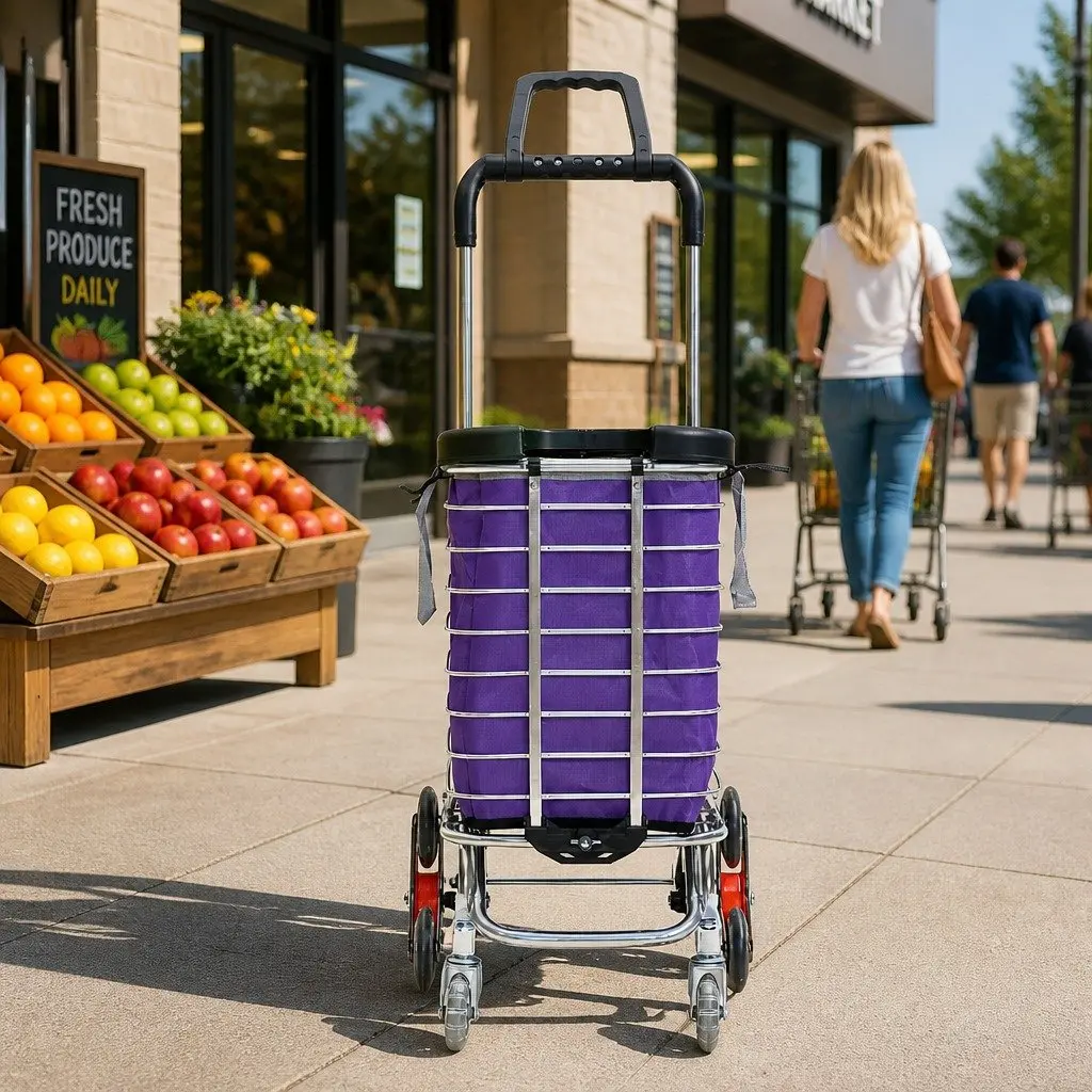 Foldable Shopping Cart Trolley Purple Silver Stair Climbing Wheels 35L Capacity