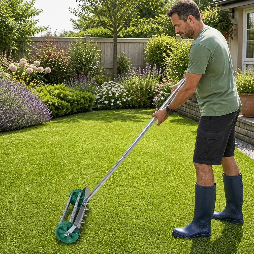 Lawn Aerator Roller Green 27 Spikes Detachable Handle