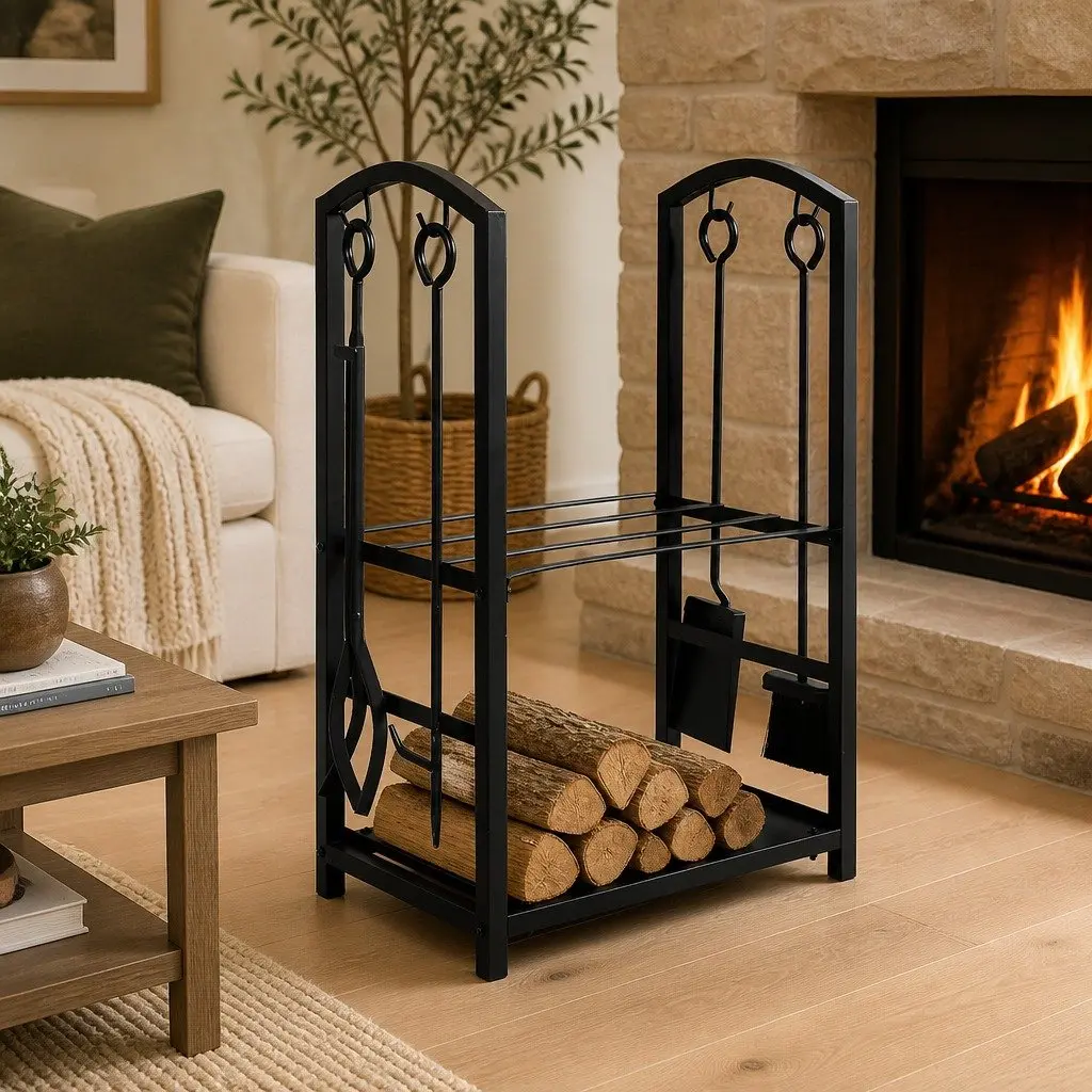 Firewood Rack 5-in-1 with Tools 2-Tier Steel Storage Organizer for Indoor
