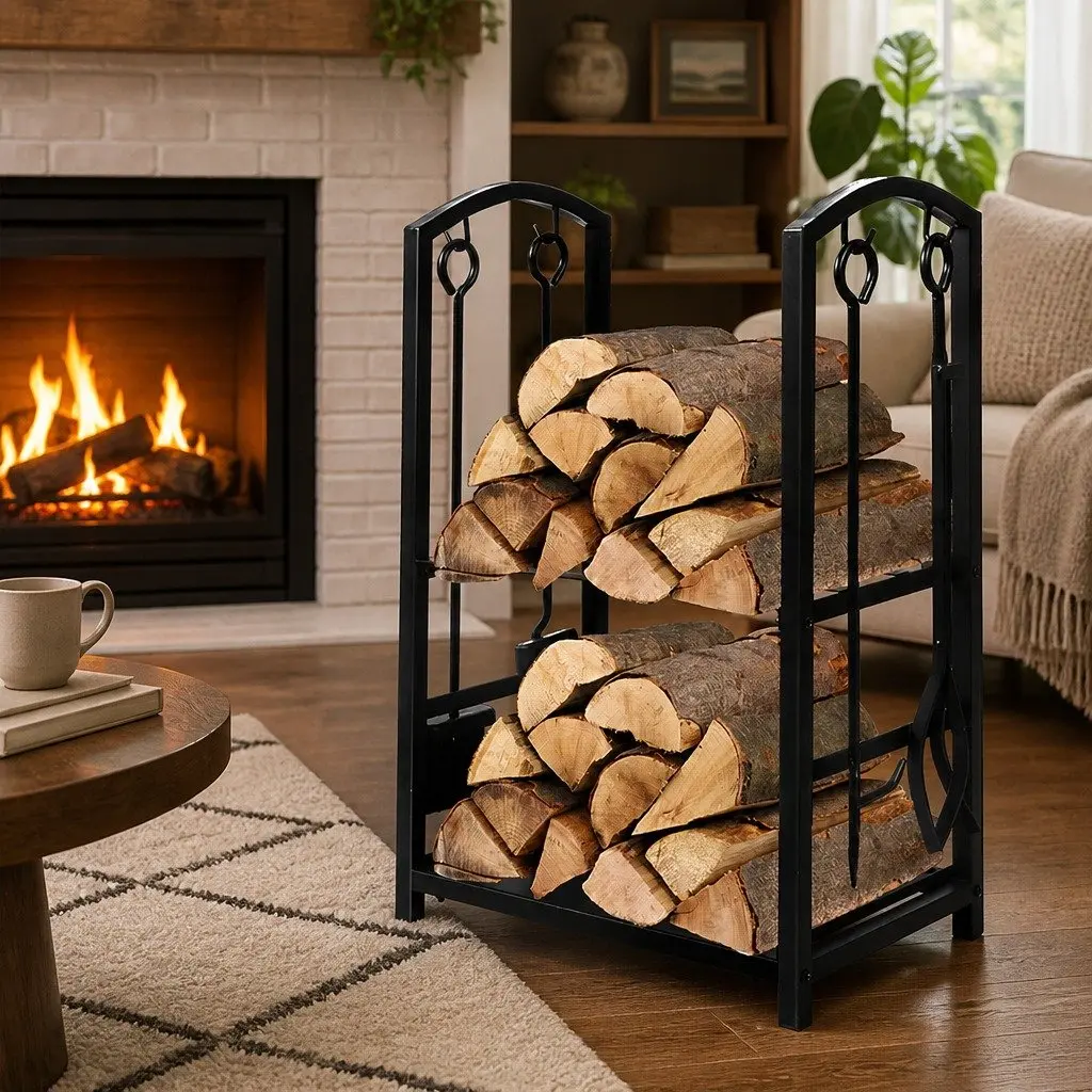 Firewood Rack 5-in-1 with Tools 2-Tier Steel Storage Organizer for Indoor