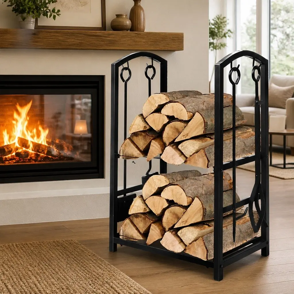 Firewood Rack 5-in-1 with Tools 2-Tier Steel Storage Organizer for Indoor