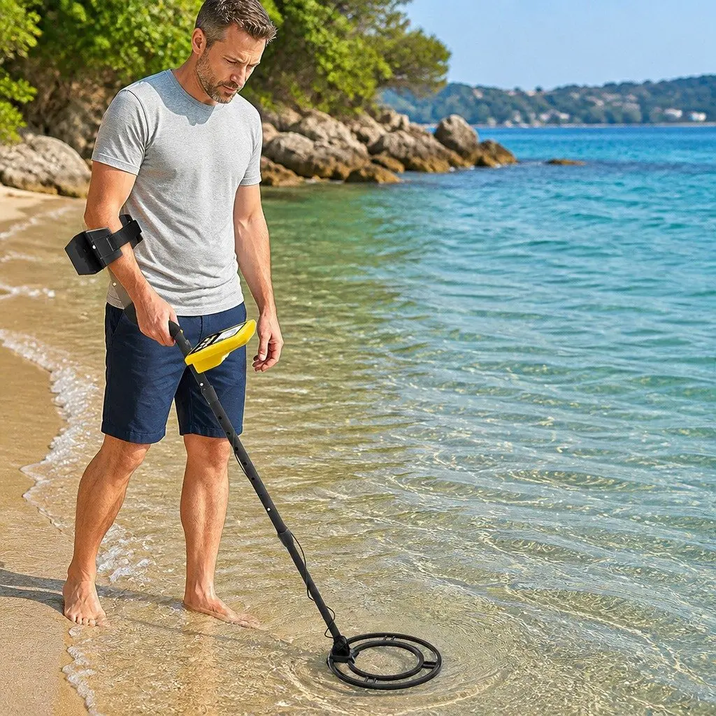 Metal Detector Black 24cm Waterproof Adjustable LCD Display for Beach Hunting