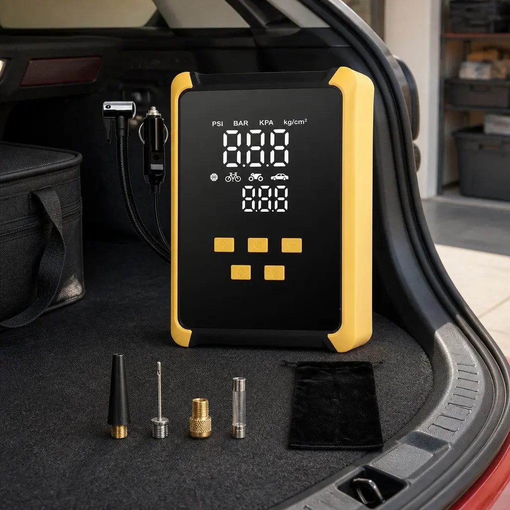 12V Portable Tire Inflator Yellow Black Compact Air Compressor with LED Light and Dual Digital Display