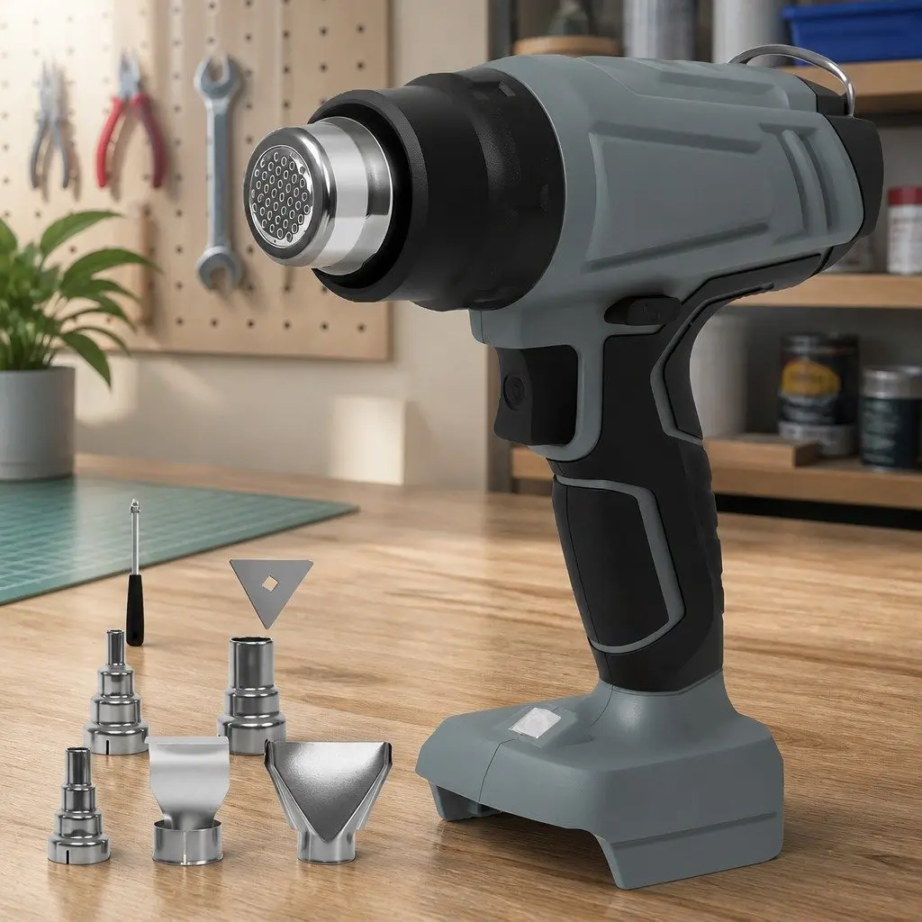 Cordless Heat Gun Grey 21V 500°C Rapid Heat-Up Turbo Air Flow 5 Nozzles