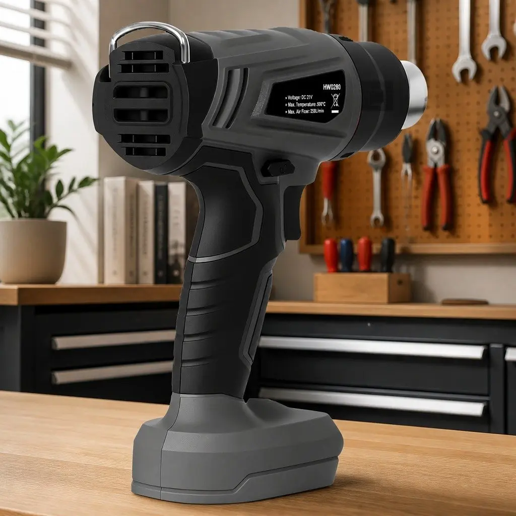Cordless Heat Gun Grey 21V 500°C Rapid Heat-Up Turbo Air Flow 5 Nozzles