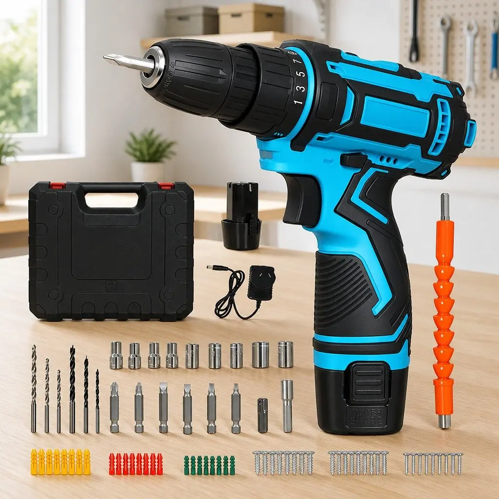 12V Cordless Drill Driver Blue 2.0Ah Battery 74 Piece Accessory Set