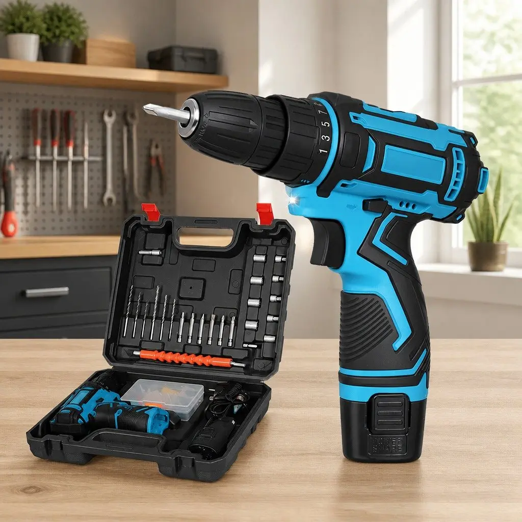 12V Cordless Drill Driver Blue 2.0Ah Battery 74 Piece Accessory Set