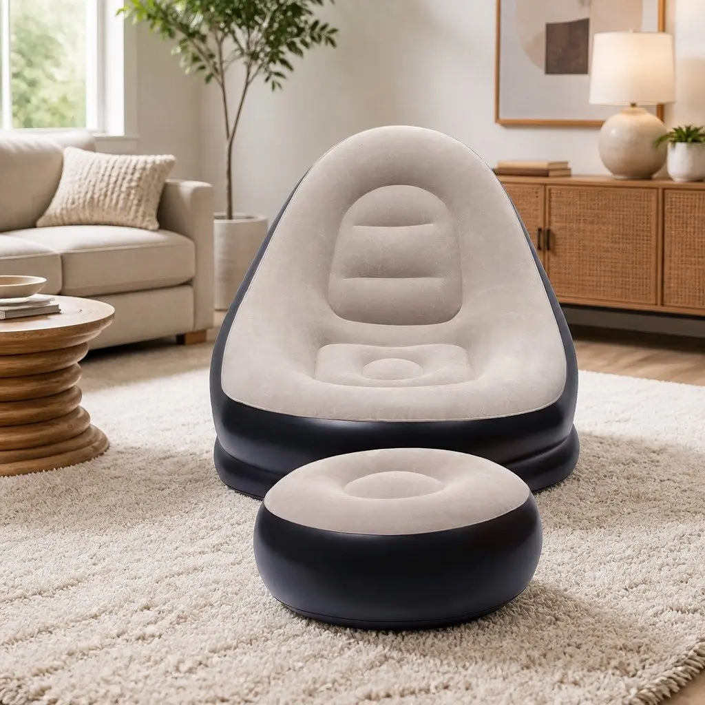 Inflatable Air Chair Coffee with Ottoman Portable Soft Flocked Fabric Indoor Outdoor