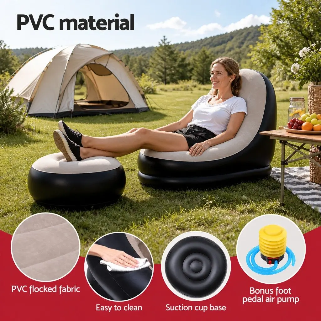 Inflatable Air Chair Coffee with Ottoman Portable Soft Flocked Fabric Indoor Outdoor
