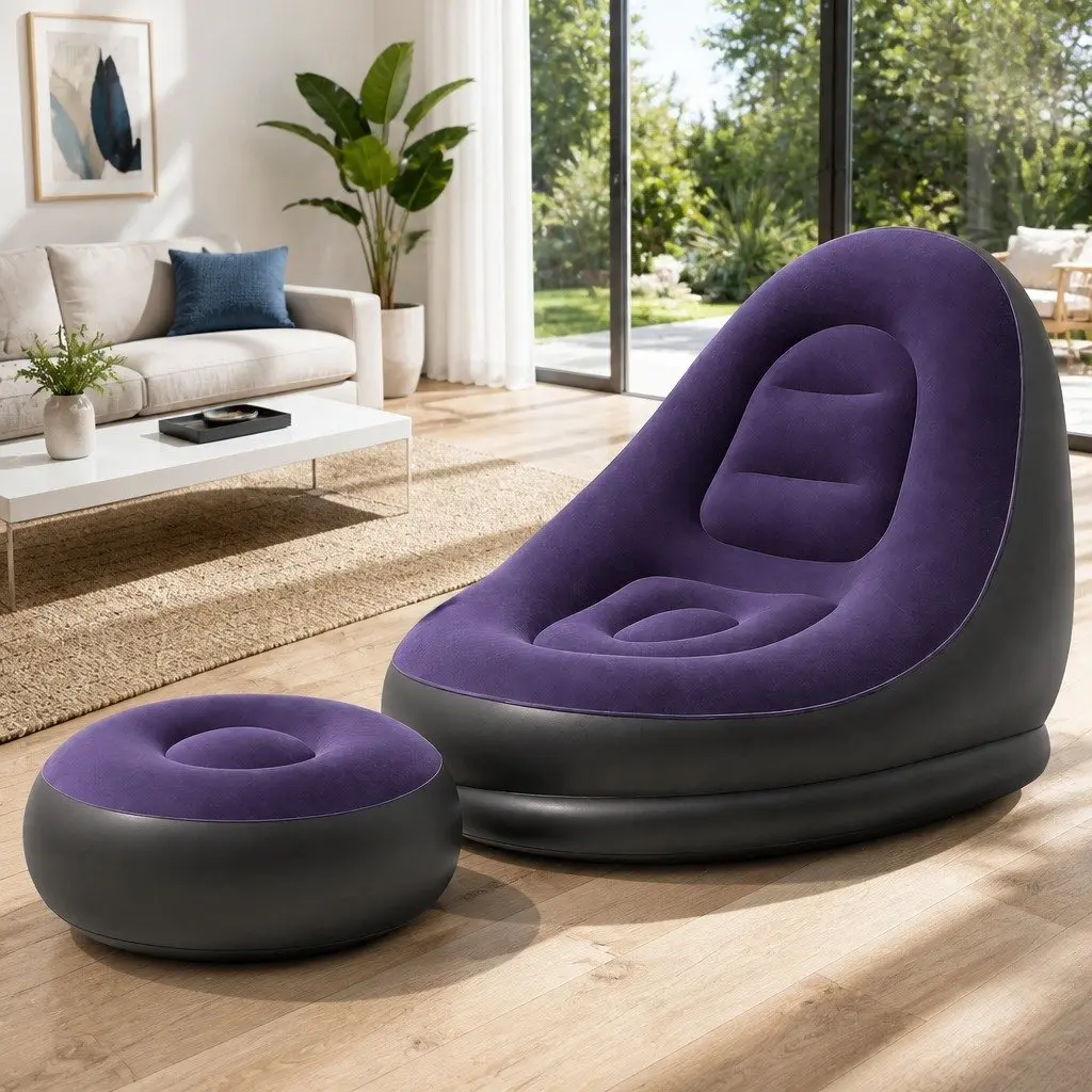 Inflatable Chair Purple with Ottoman Portable Soft Flocked Fabric Non-Slip Base for Indoor Outdoor Use