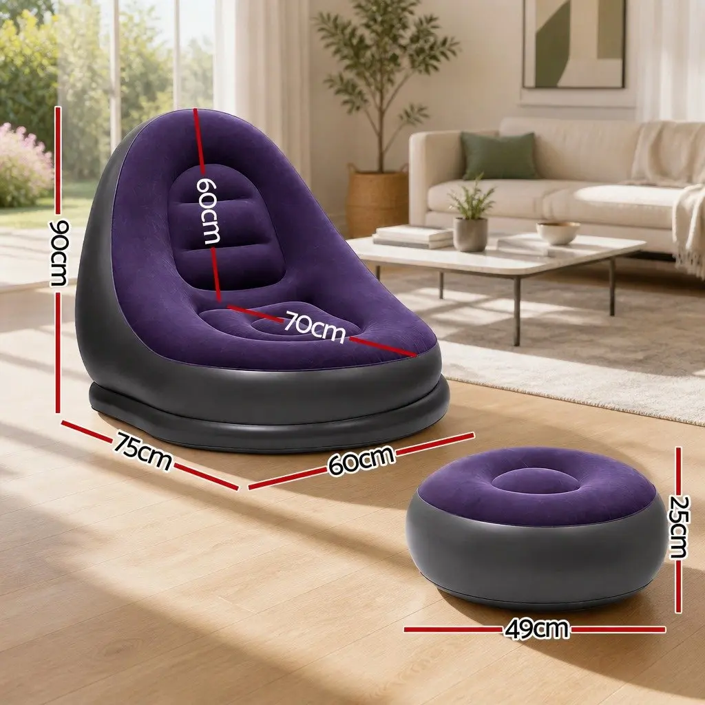 Inflatable Chair Purple with Ottoman Portable Soft Flocked Fabric Non-Slip Base for Indoor Outdoor Use