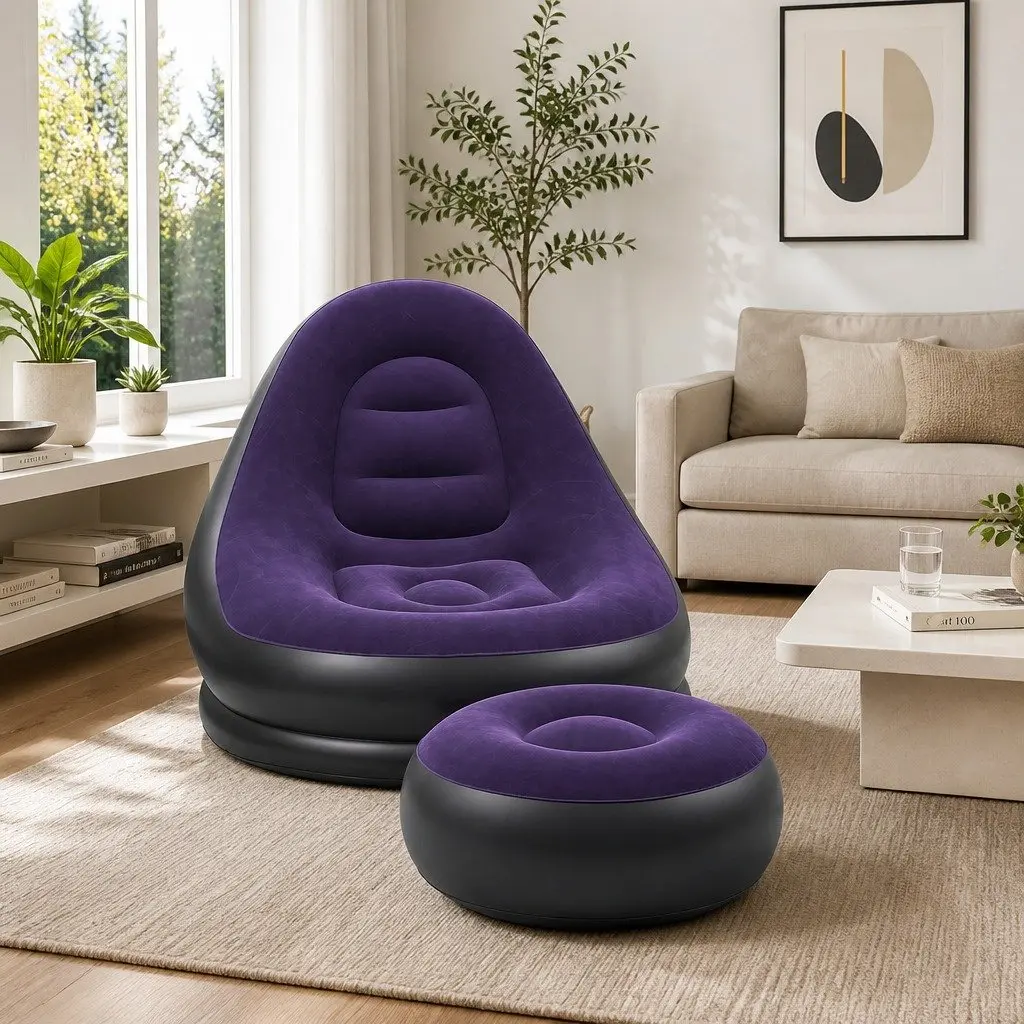 Inflatable Chair Purple with Ottoman Portable Soft Flocked Fabric Non-Slip Base for Indoor Outdoor Use