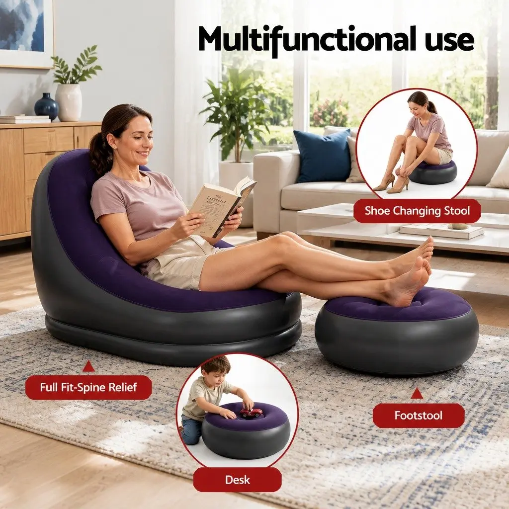 Inflatable Chair Purple with Ottoman Portable Soft Flocked Fabric Non-Slip Base for Indoor Outdoor Use