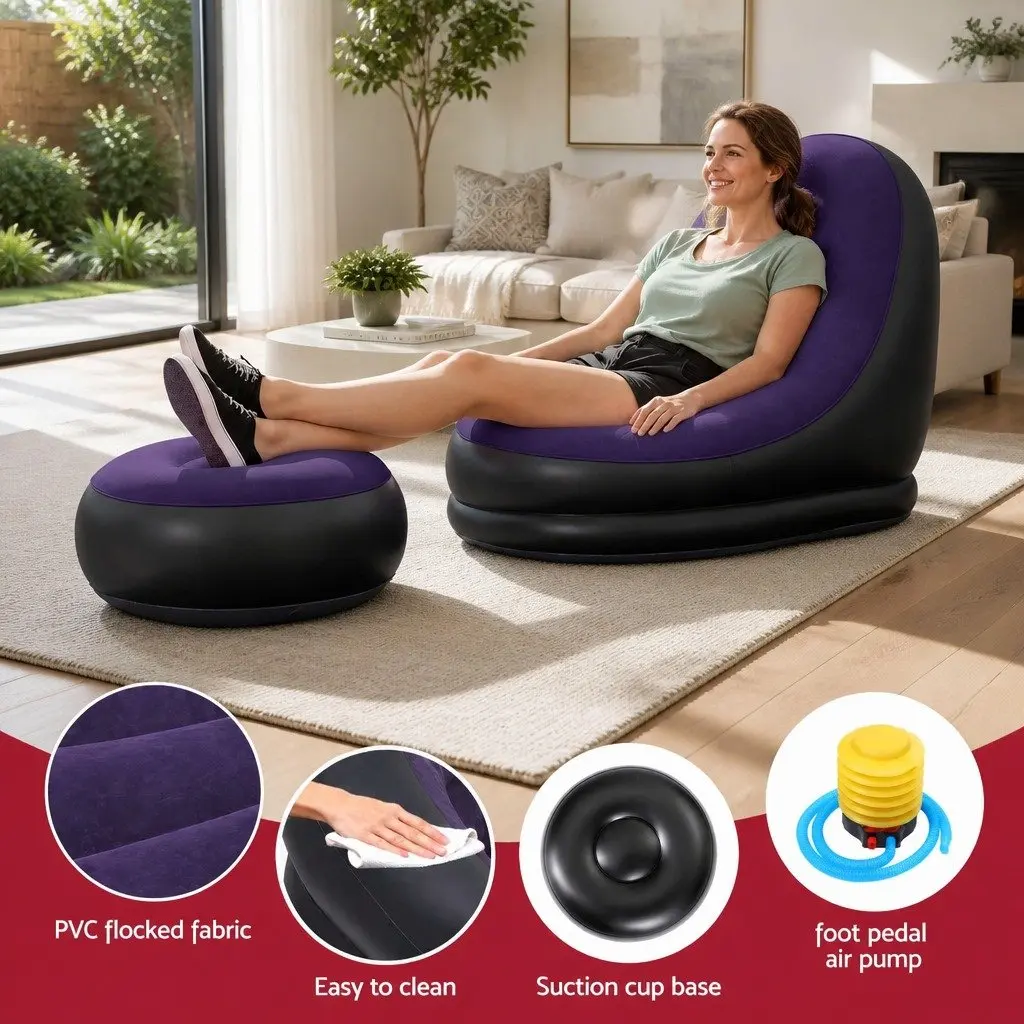 Inflatable Chair Purple with Ottoman Portable Soft Flocked Fabric Non-Slip Base for Indoor Outdoor Use