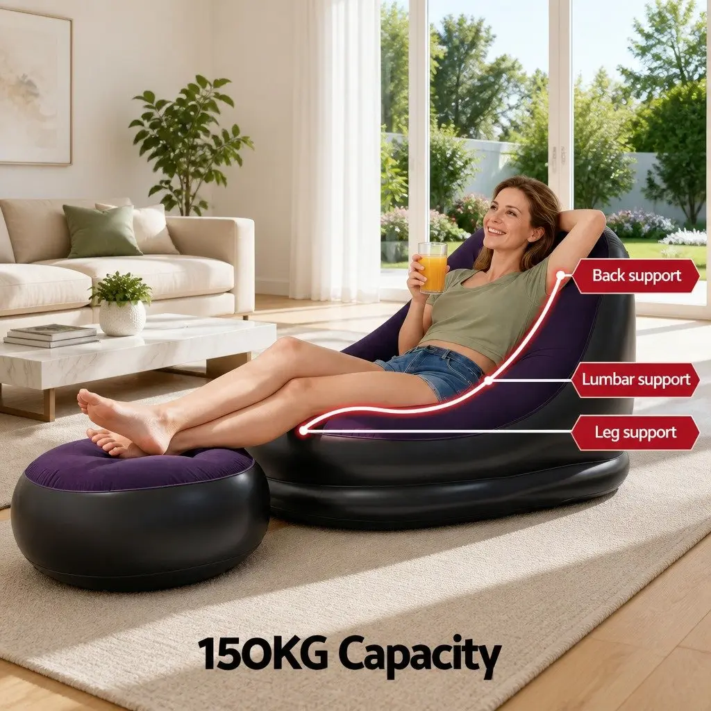 Inflatable Chair Purple with Ottoman Portable Soft Flocked Fabric Non-Slip Base for Indoor Outdoor Use