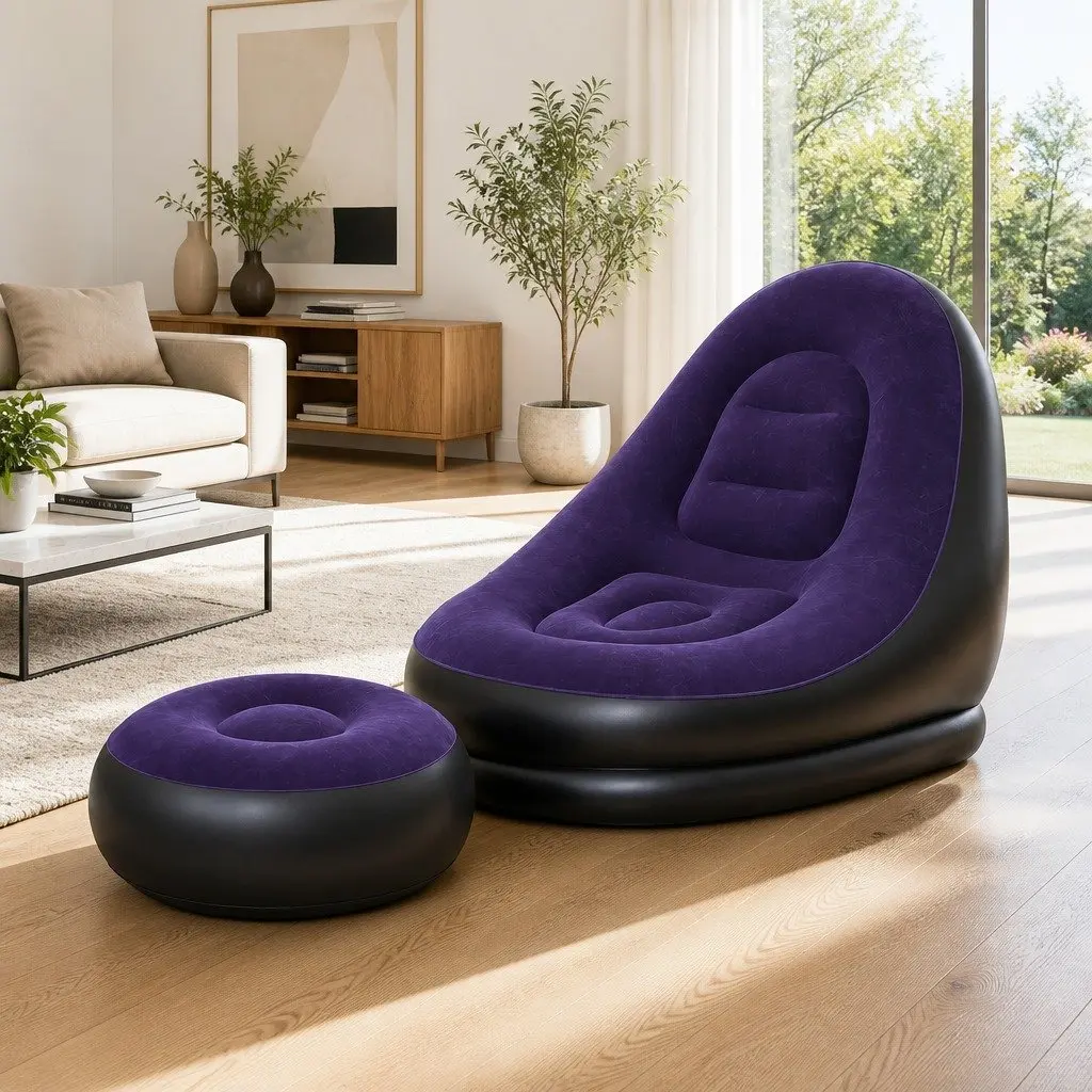 Inflatable Chair Purple with Ottoman Portable Soft Flocked Fabric Non-Slip Base for Indoor Outdoor Use