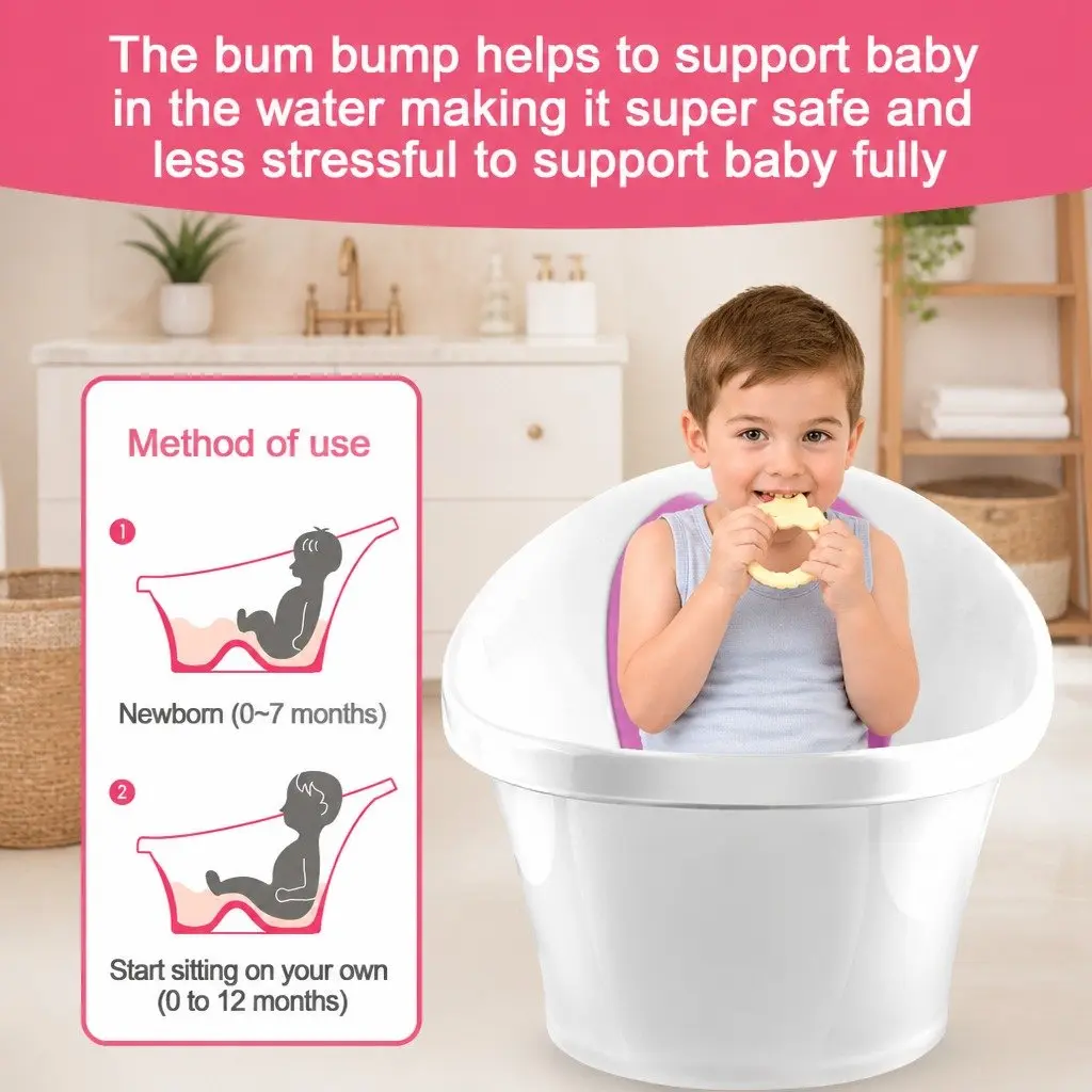 Baby Bath Tub with Backrest & Bum Bump Support for Newborn to 12 Months Pink