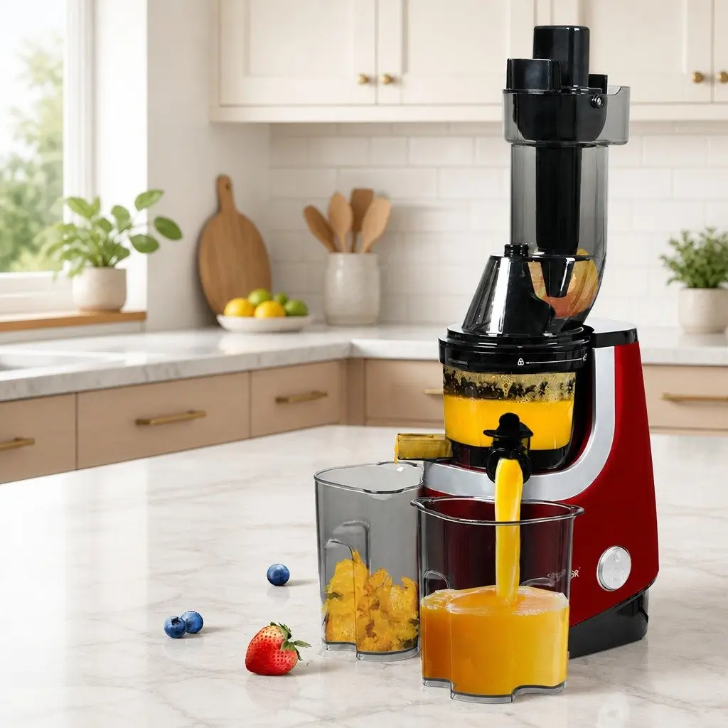 Cold Press Slow Juicer Black Red 200W Low Speed Masticating Technology Whole Fruit Extractor