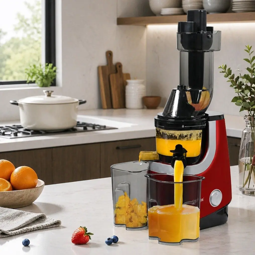 Cold Press Slow Juicer Black Red 200W Low Speed Masticating Technology Whole Fruit Extractor