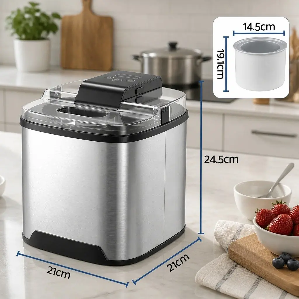 Ice Cream Maker Black 2L Capacity Clear LED Display One-Touch Controls Removable Inner Bowl
