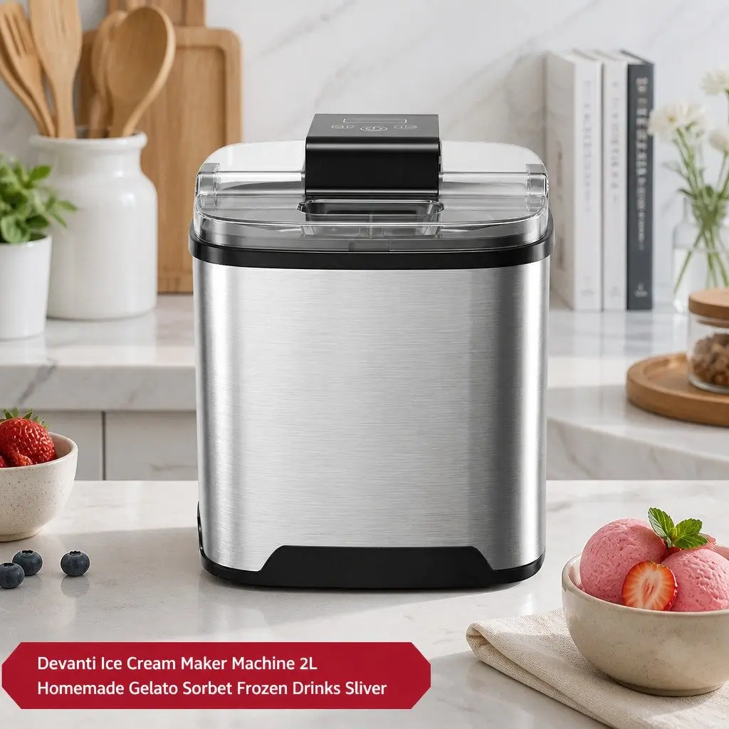 Ice Cream Maker Black 2L Capacity Clear LED Display One-Touch Controls Removable Inner Bowl