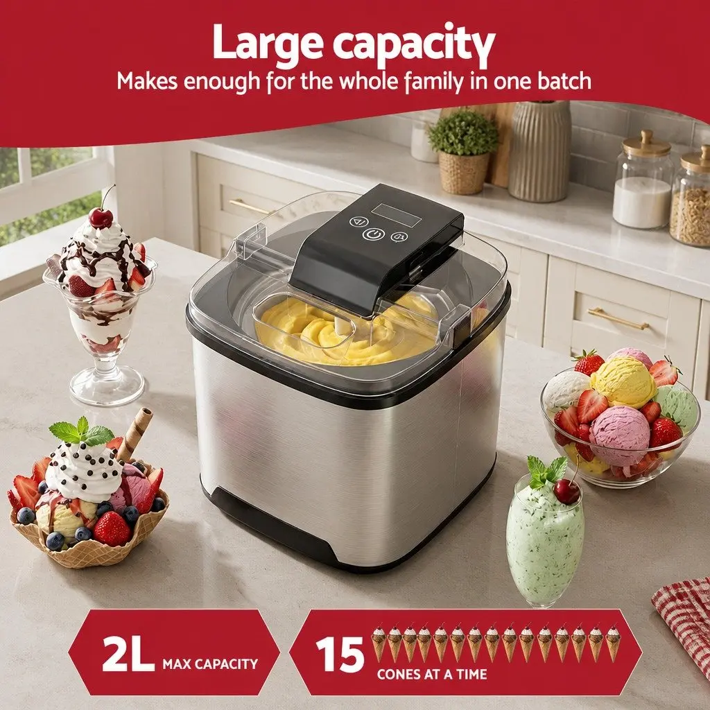 Ice Cream Maker Black 2L Capacity Clear LED Display One-Touch Controls Removable Inner Bowl