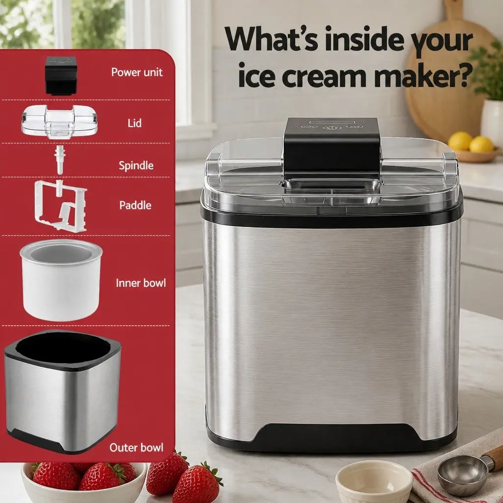 Ice Cream Maker Black 2L Capacity Clear LED Display One-Touch Controls Removable Inner Bowl