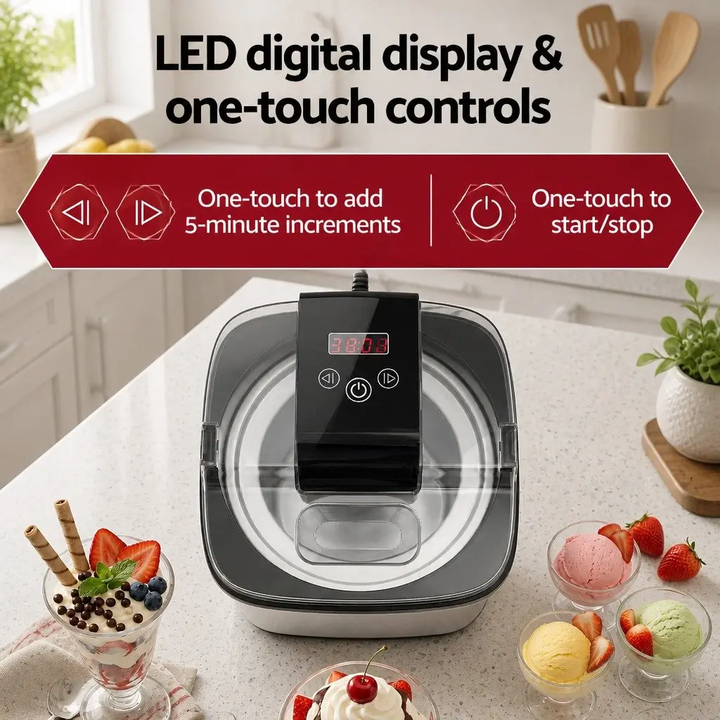 Ice Cream Maker Black 2L Capacity Clear LED Display One-Touch Controls Removable Inner Bowl