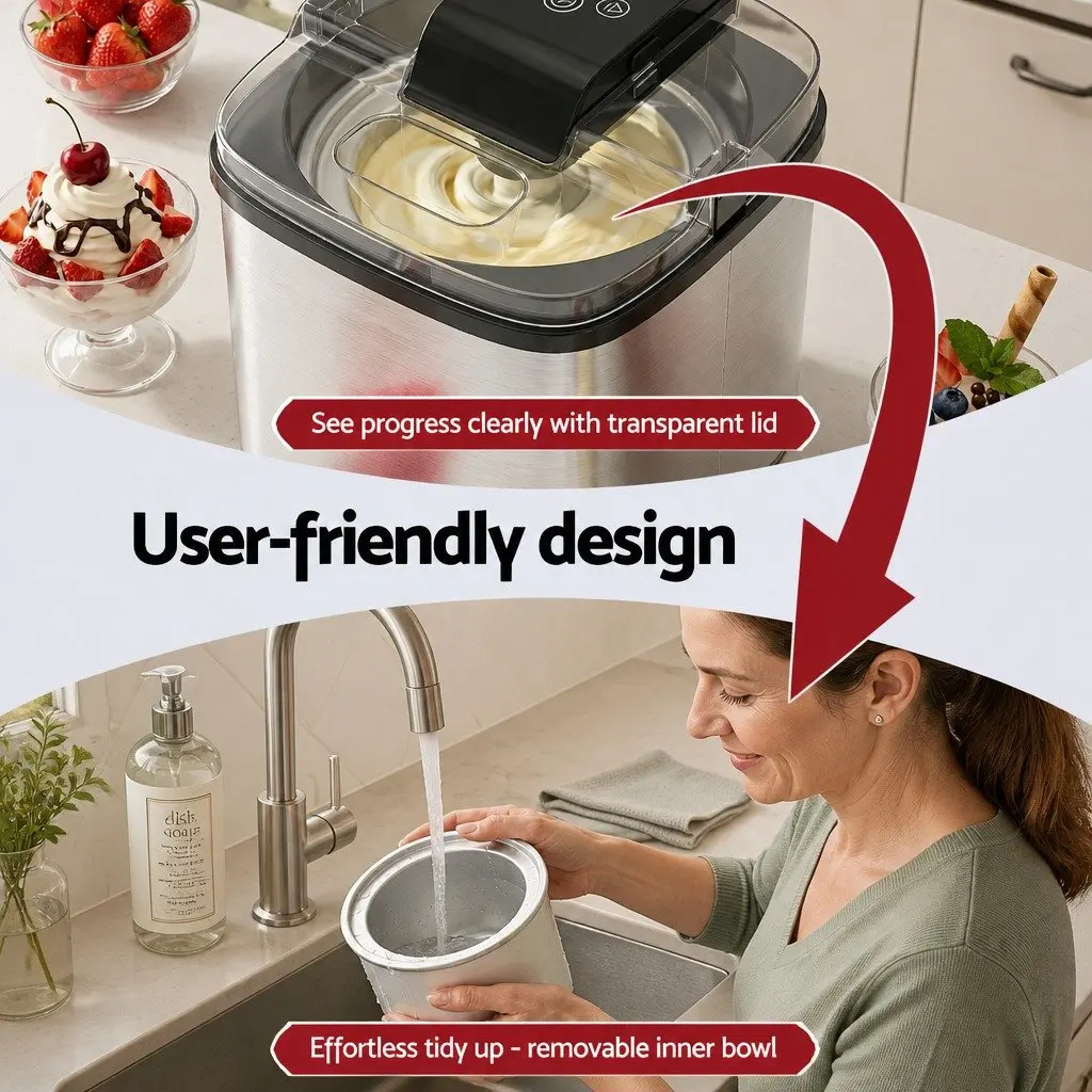 Ice Cream Maker Black 2L Capacity Clear LED Display One-Touch Controls Removable Inner Bowl