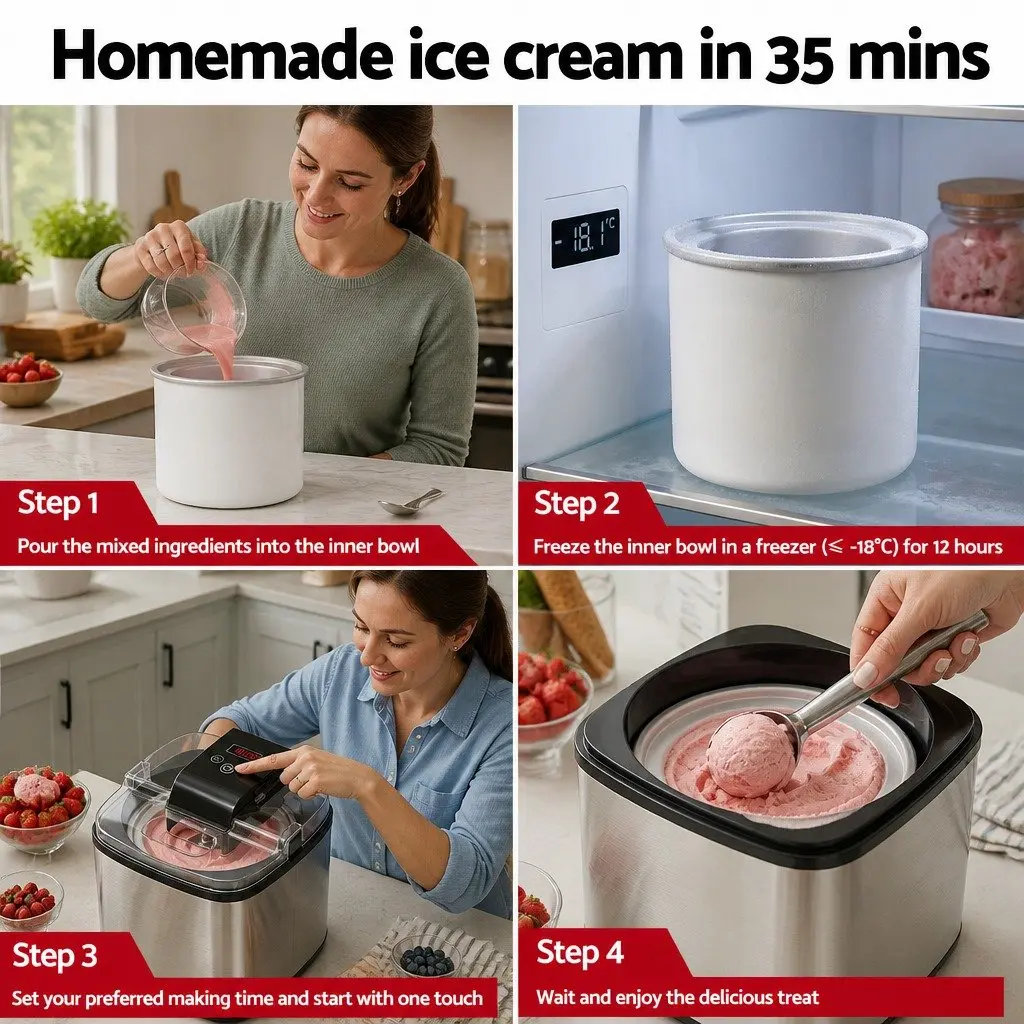 Ice Cream Maker Black 2L Capacity Clear LED Display One-Touch Controls Removable Inner Bowl