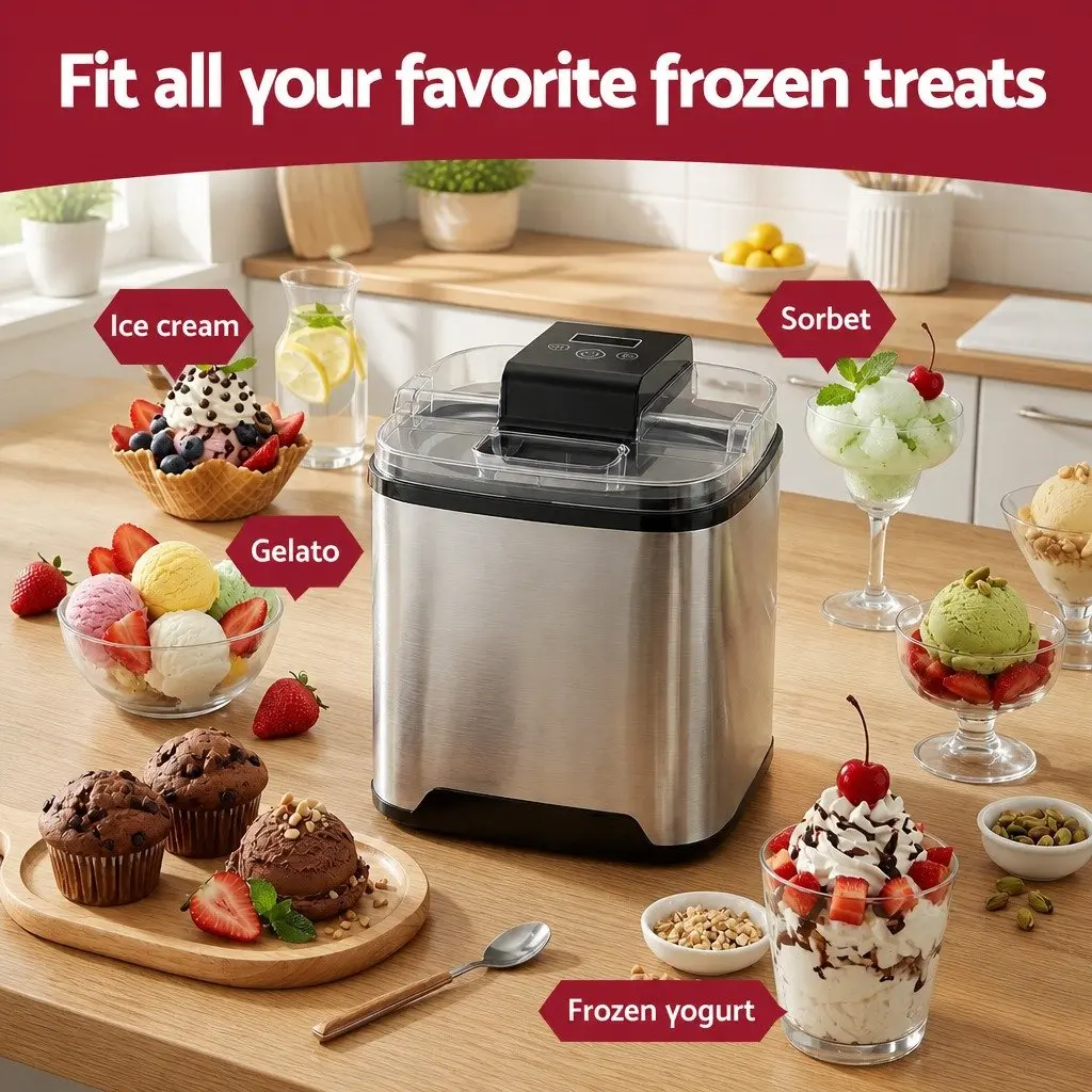 Ice Cream Maker Black 2L Capacity Clear LED Display One-Touch Controls Removable Inner Bowl