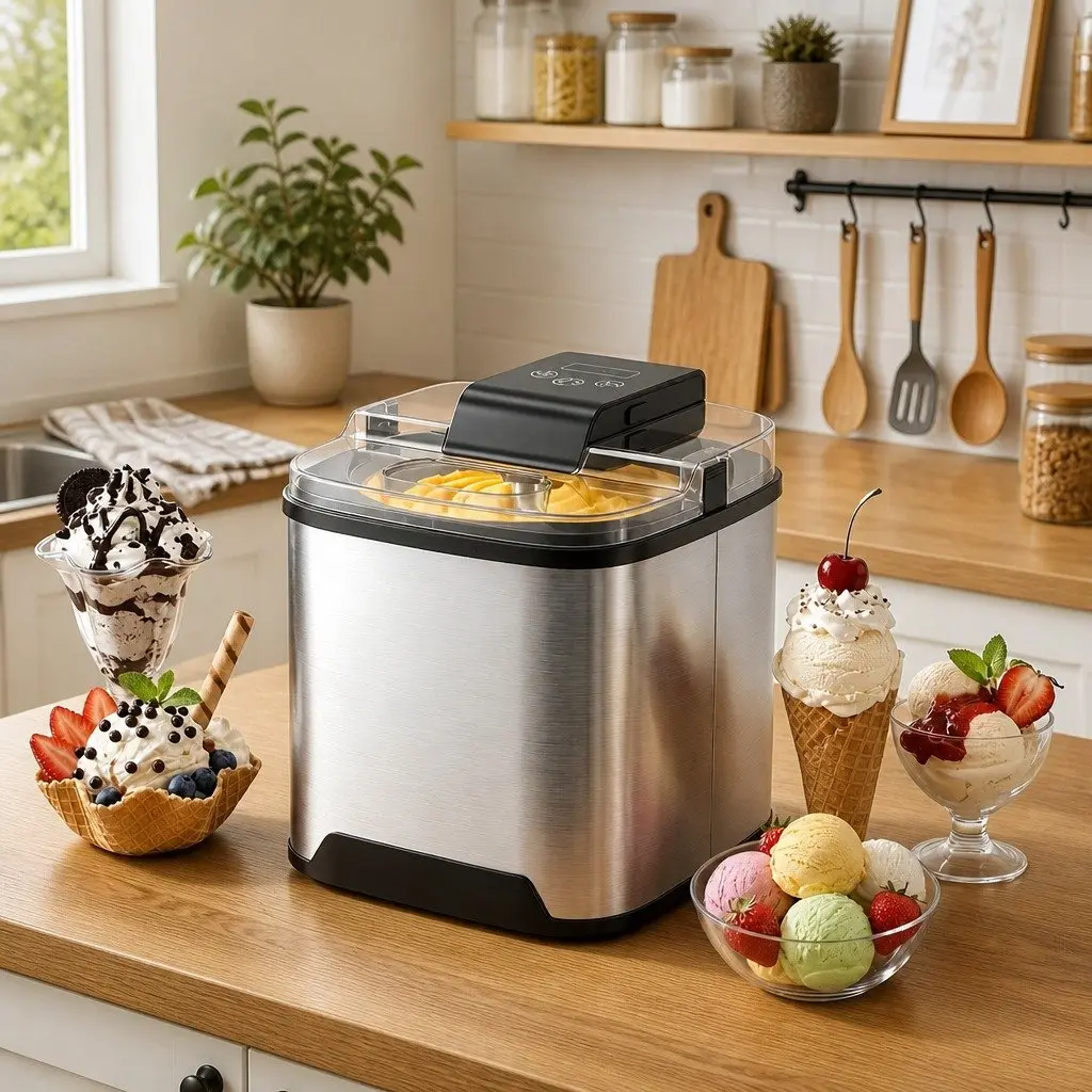 Ice Cream Maker Black 2L Capacity Clear LED Display One-Touch Controls Removable Inner Bowl