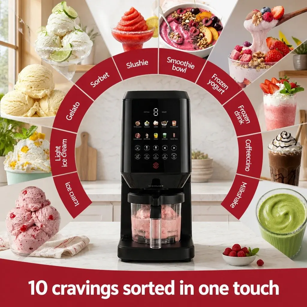 10-in-1 Ice Cream Maker Black Touch-Screen Interface Fast Processing Self-Cleaning