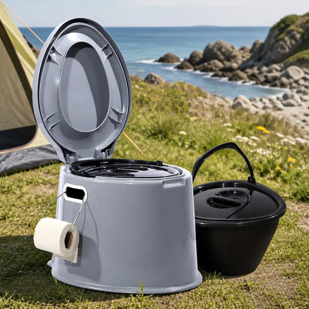 Portable Camping Toilet Grey 6L Capacity with Removable Waste Bucket and Handle