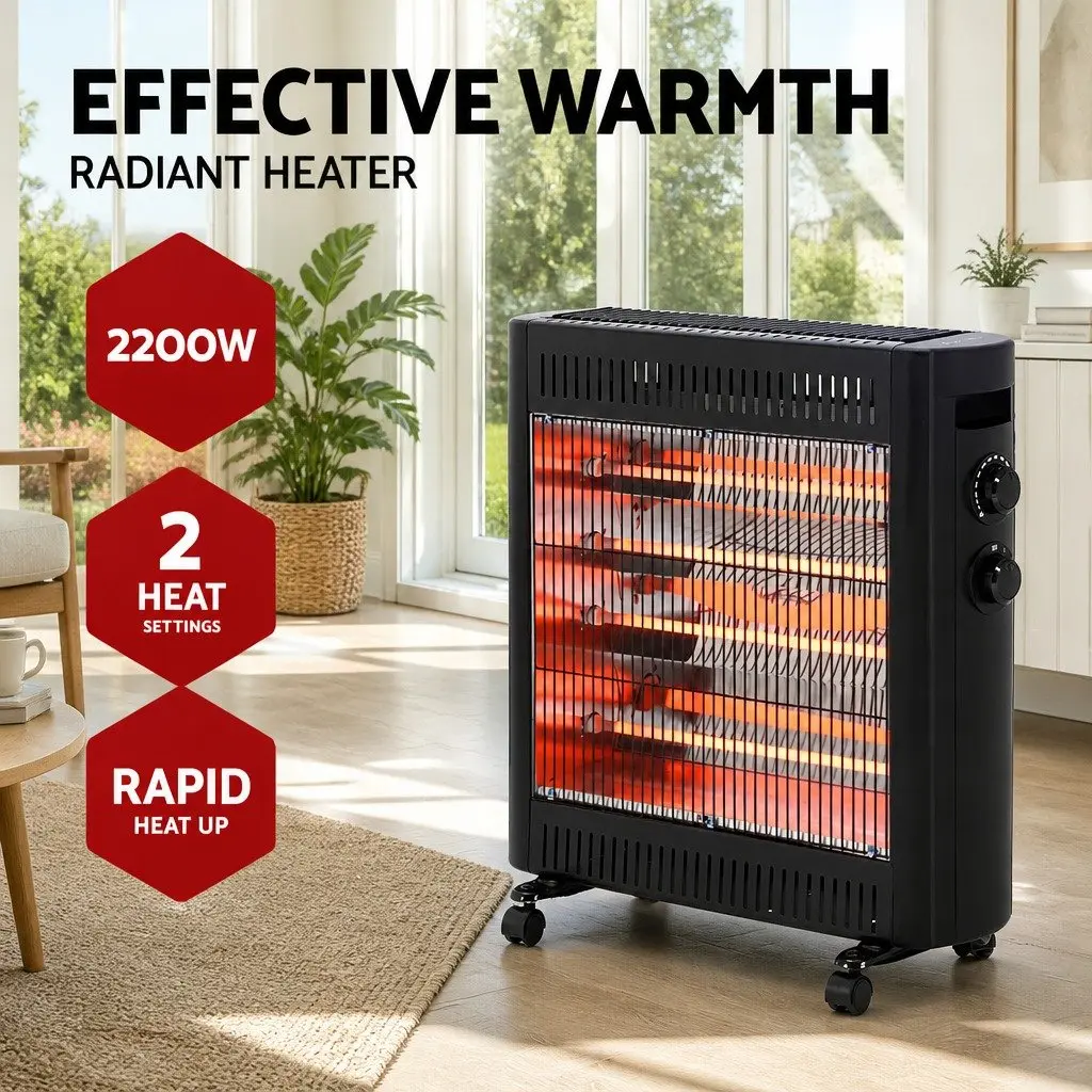 Electric Heater Black 2200W Portable Infrared Radiant Panel with Quartz Elements