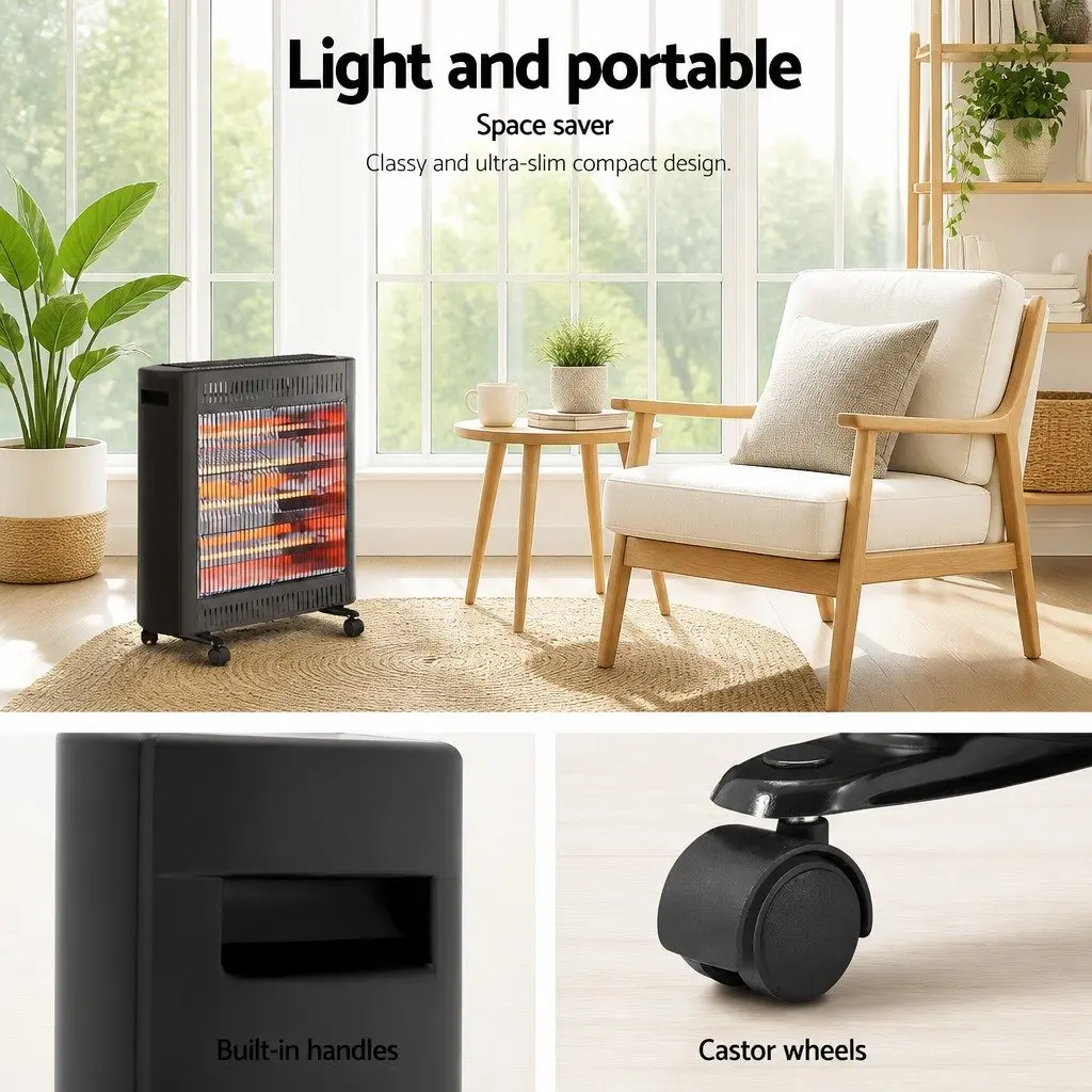 Electric Heater Black 2200W Portable Infrared Radiant Panel with Quartz Elements
