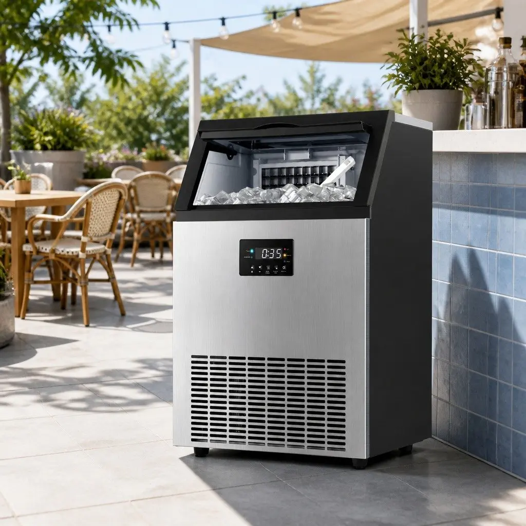 Commercial Ice Maker Machine Silver 45kg Daily Capacity Adjustable Cube Thickness LED Control Panel