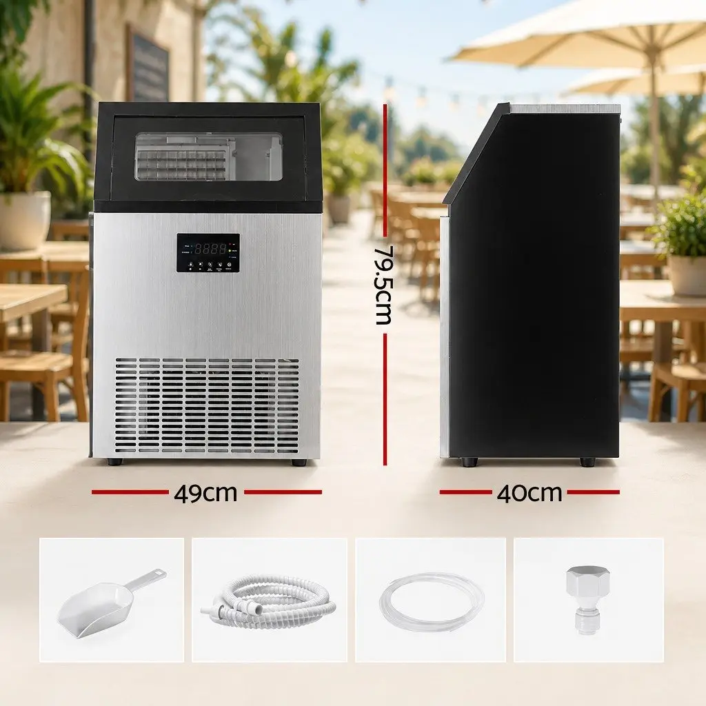 Commercial Ice Maker Machine Silver 45kg Daily Capacity Adjustable Cube Thickness LED Control Panel